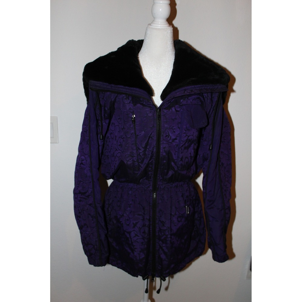 VTG Nils Skiwear Purple Damask Ski Jacket Faux Fur Hood Thermore Women's 8 USA